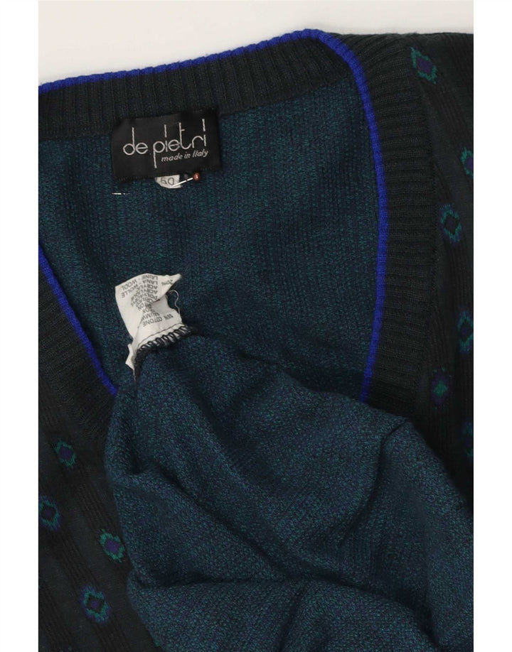 De Pietri Mens V-Neck Jumper Sweater IT 50 Medium Grey Geometric Cotton