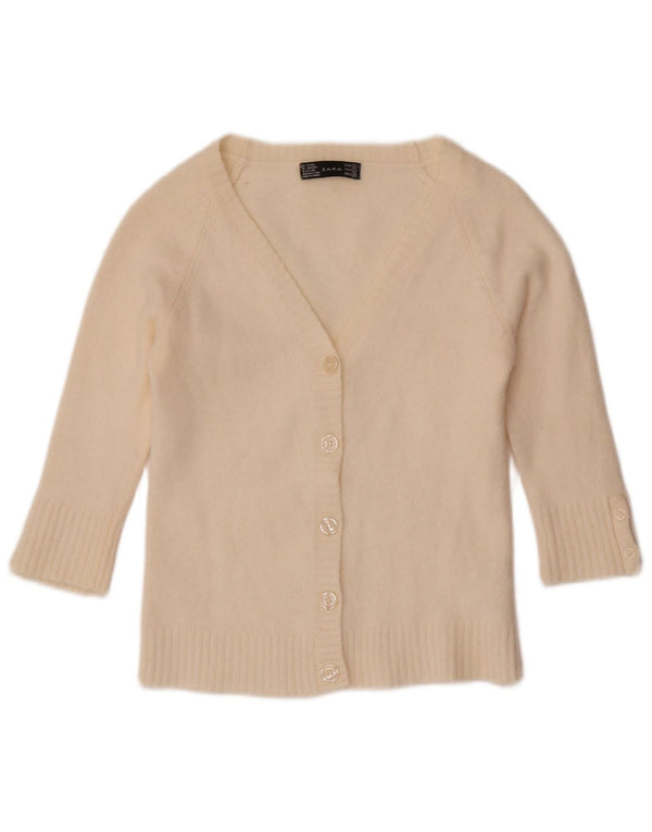 Zara Womens Crop 3/4 Sleeve Cardigan Sweater UK 14 Large Off White Wool