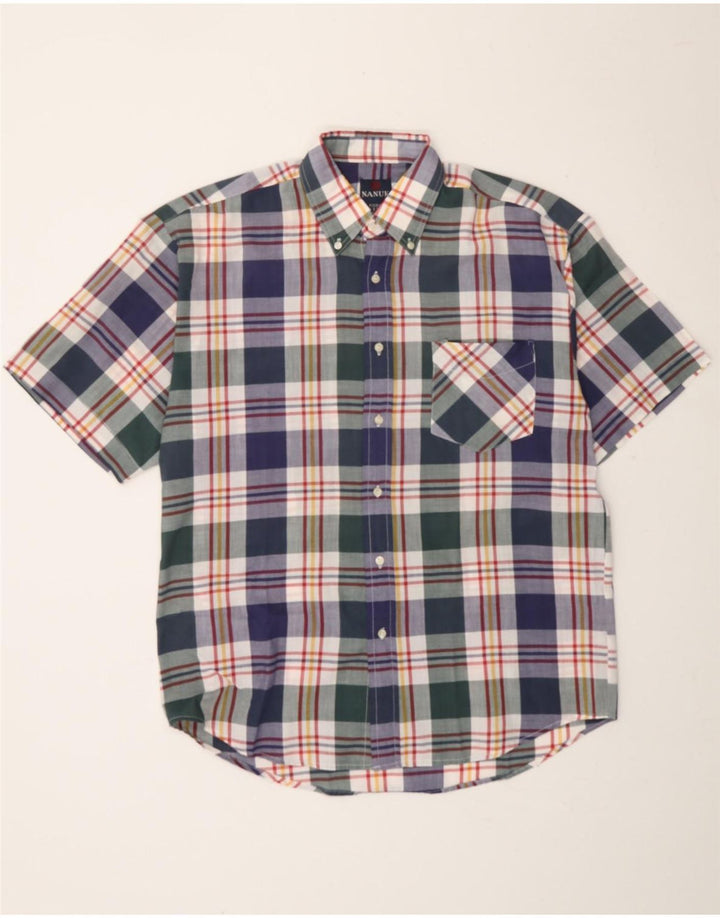 VINTAGE Mens Short Sleeve Shirt Large Navy Blue Check Polyester Vintage Vintage and Second-Hand Vintage from Messina Hembry 