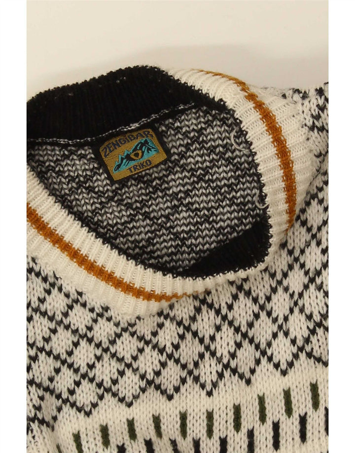 Vintage Mens Graphic Crew Neck Jumper Sweater Medium White Geometric Retro