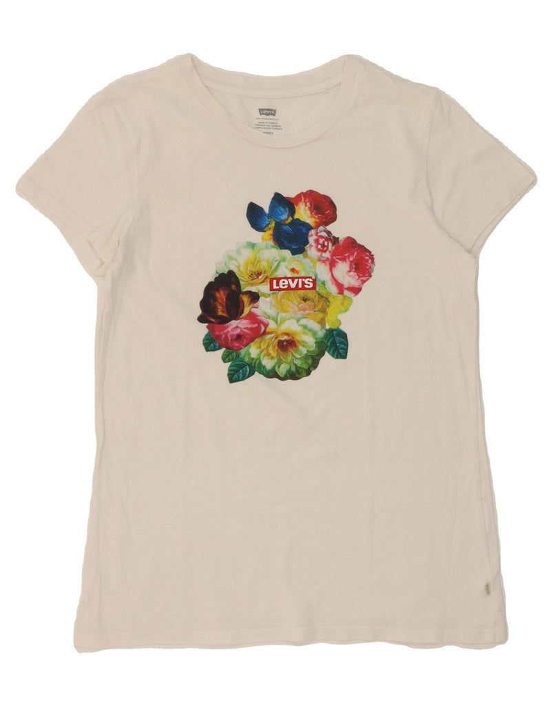 LEVI'S Womens Graphic T-Shirt Top UK 10 Small White Floral Vintage Levi's and Second-Hand Levi's from Messina Hembry 