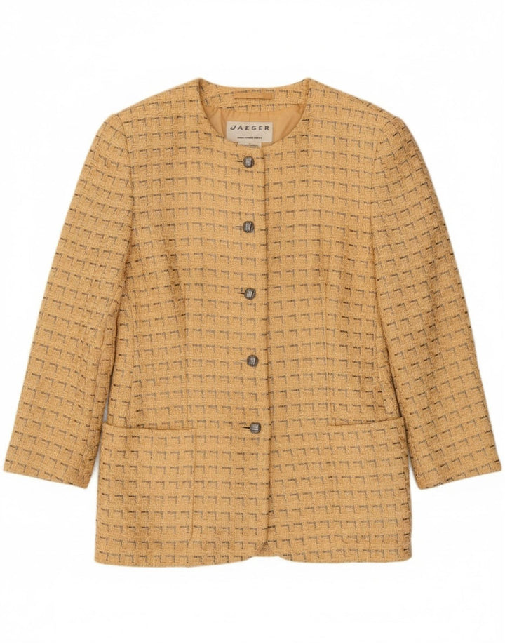Jaeger Womens 5 Button Blazer Jacket UK 12 Medium Yellow Geometric Cotton