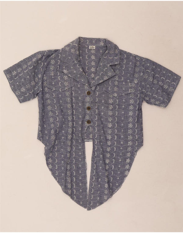 Vintage Womens Crop Short Sleeve Shirt Blouse UK 12 Medium Blue Floral