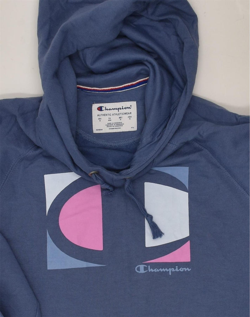 CHAMPION Womens Graphic Hoodie Jumper UK 14 Medium Blue Polyester | Vintage Champion | Thrift | Second-Hand Champion | Used Clothing | Messina Hembry 