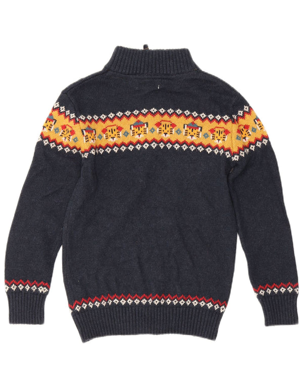 Fat Face Boys Zip Neck Jumper Sweater 6-7 Years Navy Blue Fair Isle Cotton