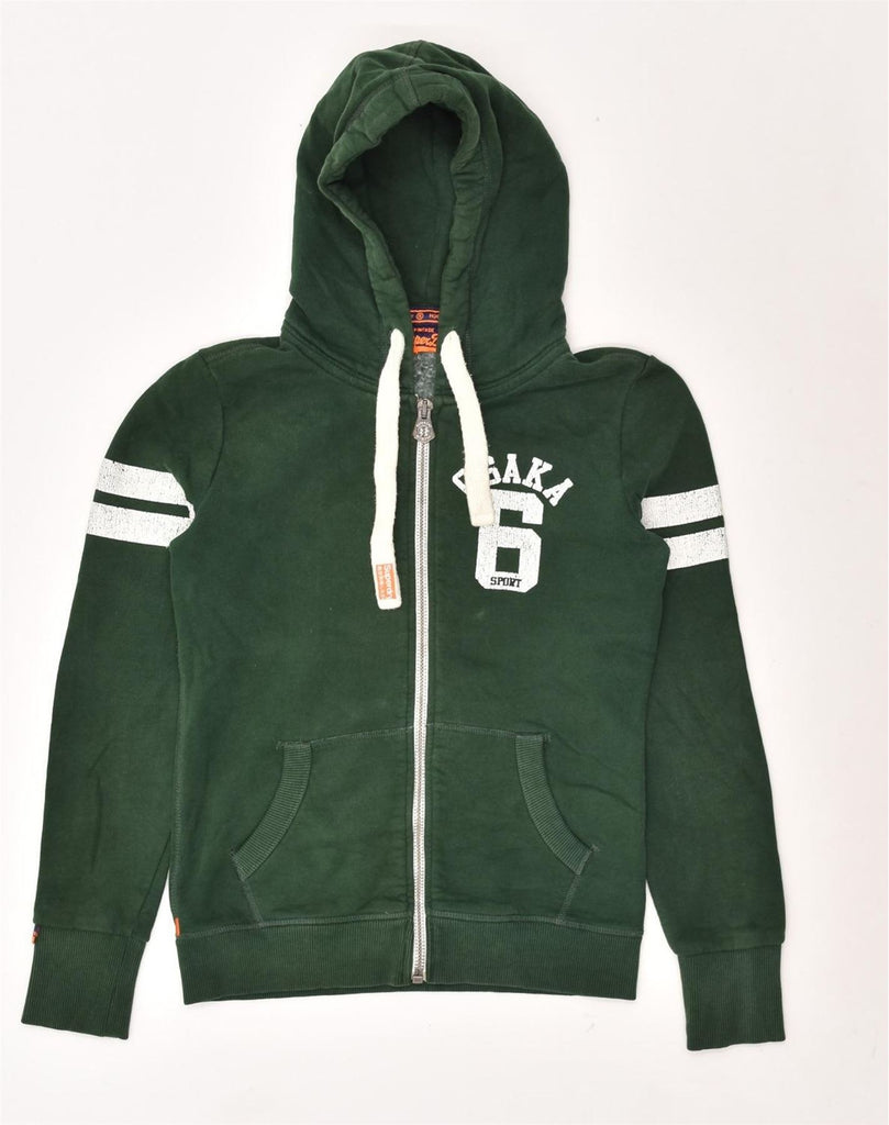 SUPERDRY Womens Graphic Zip Hoodie Sweater UK 6 XS Green Cotton | Vintage Superdry | Thrift | Second-Hand Superdry | Used Clothing | Messina Hembry 