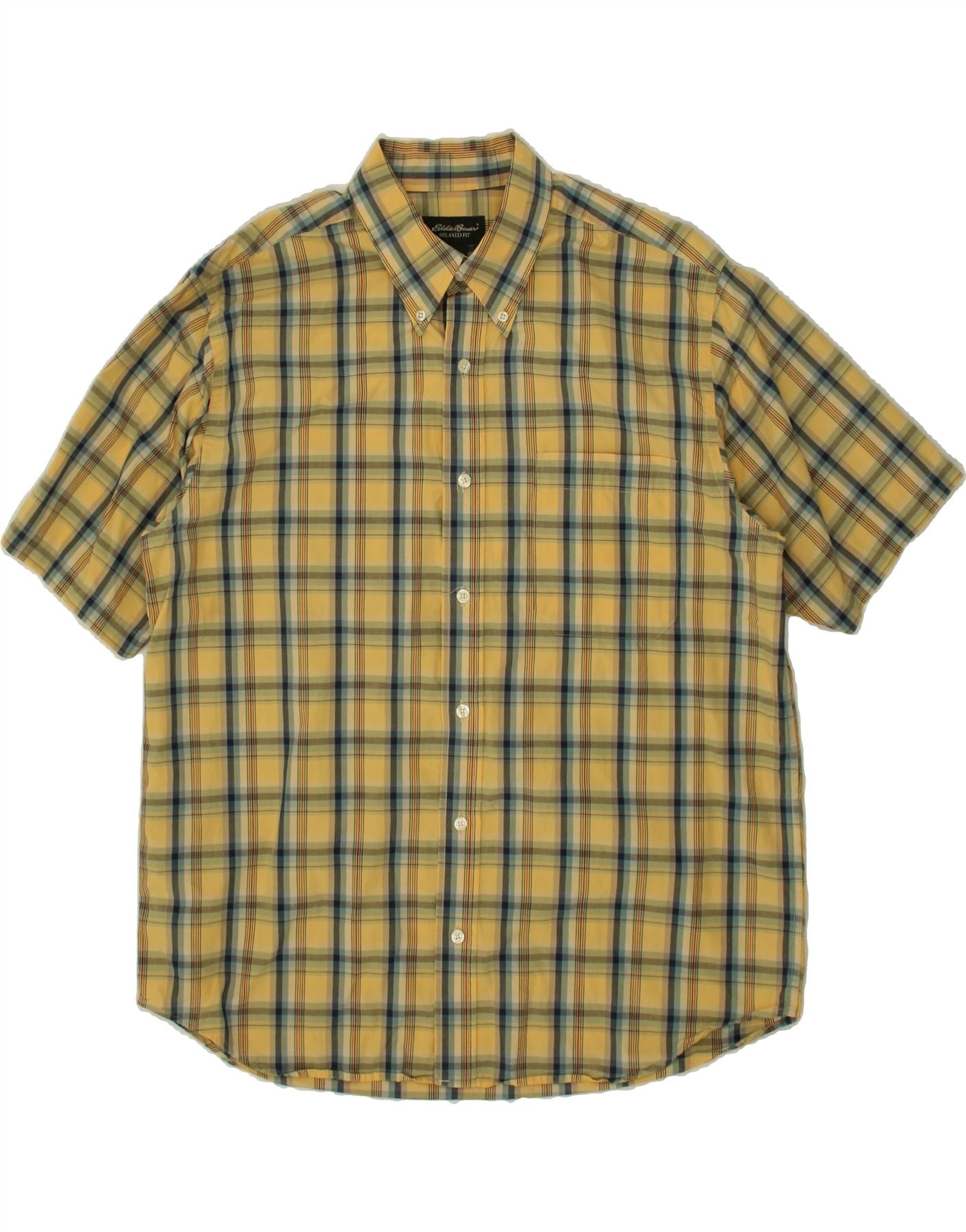 EDDIE BAUER Mens Relaxed Fit Short Sleeve Shirt Large Yellow Check