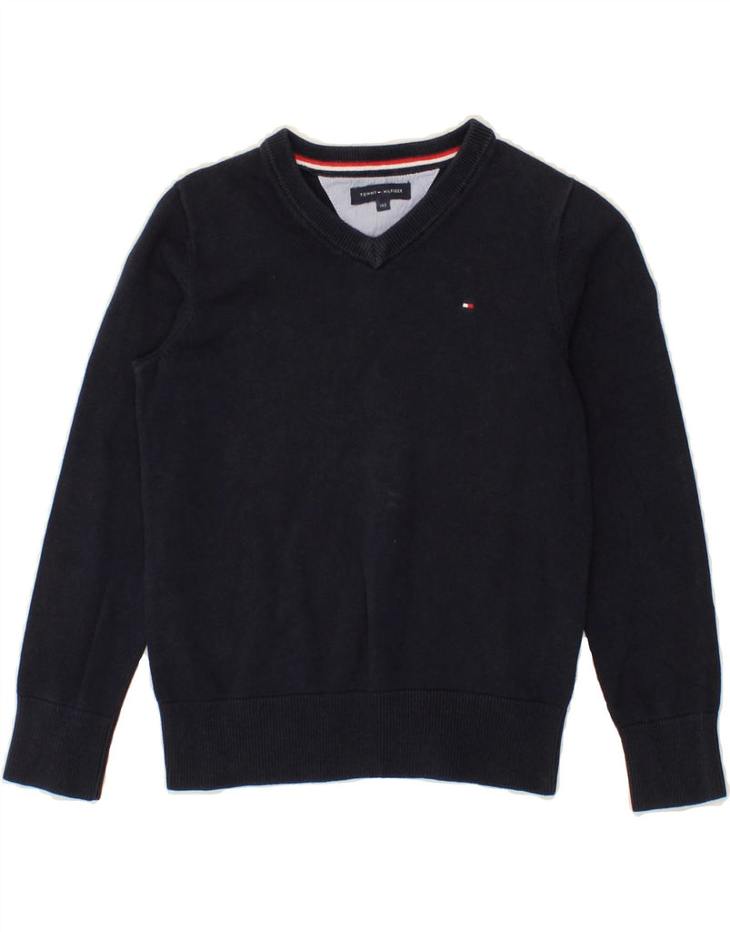 TOMMY HILFIGER Boys V-Neck Jumper Sweater 9-10 Years Navy Blue Cotton Vintage Tommy Hilfiger and Second-Hand Tommy Hilfiger from Messina Hembry 