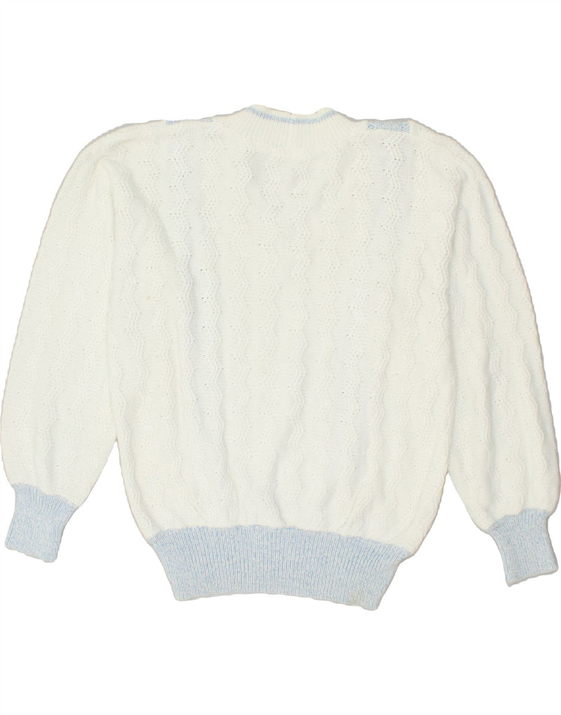 VINTAGE Womens V-Neck Jumper Sweater UK 14 Medium White Striped Cotton | Vintage Vintage | Thrift | Second-Hand Vintage | Used Clothing | Messina Hembry 