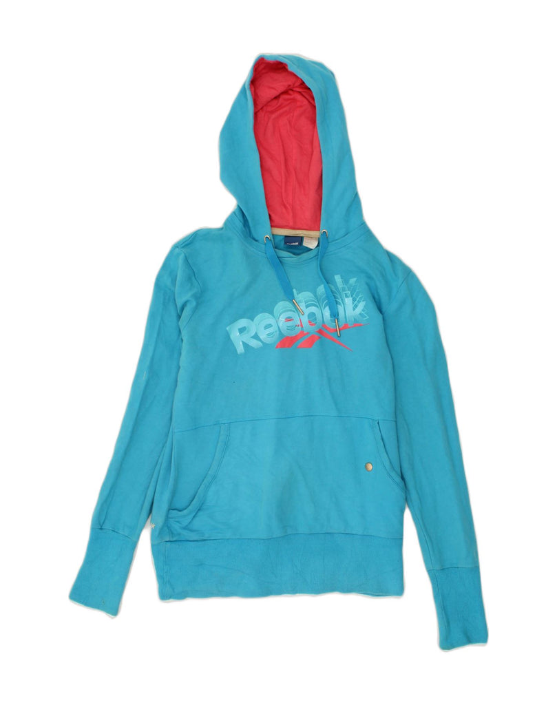 REEBOK Womens Graphic Hoodie Jumper UK 14 Large Blue Cotton | Vintage Reebok | Thrift | Second-Hand Reebok | Used Clothing | Messina Hembry 