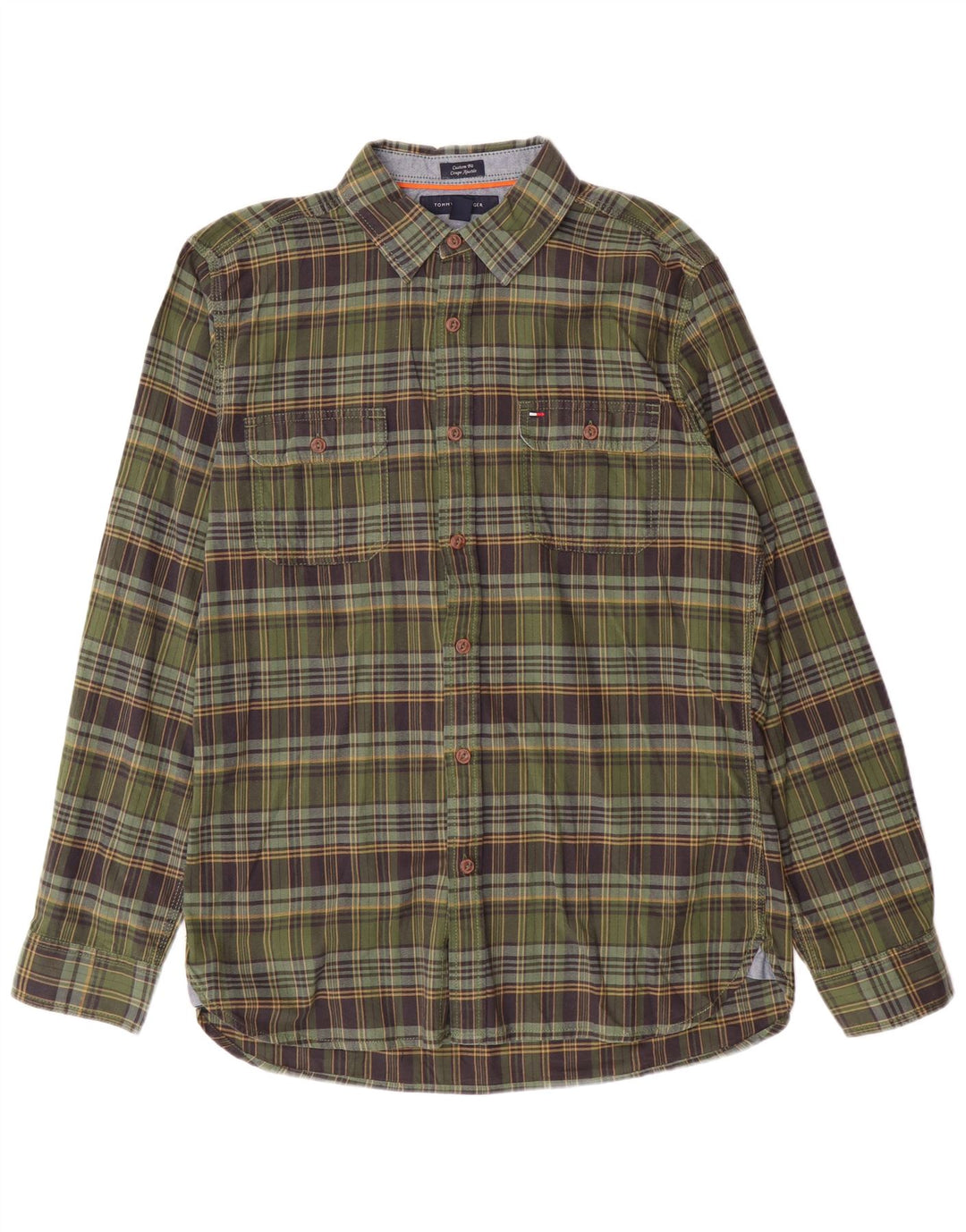 Tommy Hilfiger Mens Custom Fit Flannel Shirt Medium Green Check Cotton