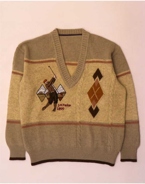 Vintage Mens Graphic V-Neck Jumper Sweater XL Beige Colourblock Wool