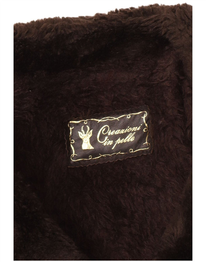 Vintage Mens Shearling Double Breasted Coat UK 36 Small Brown Leather