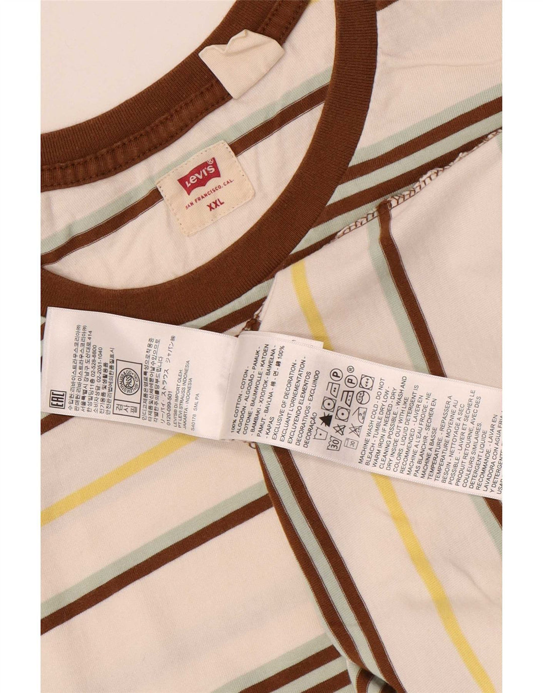 Levi's Mens T-Shirt Top 2XL Off White Striped Cotton