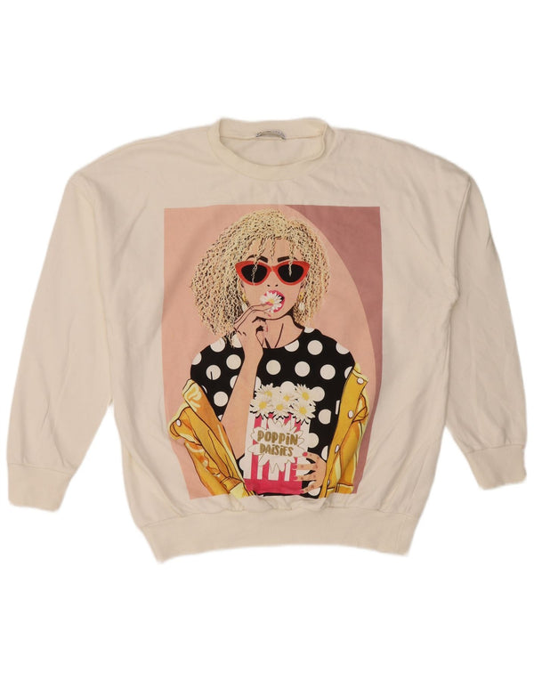 Zara Womens Graphic Oversized Sweatshirt Jumper UK 10 Small White Cotton