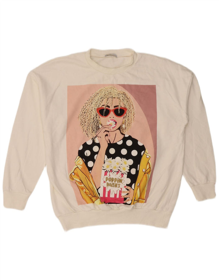 Zara Womens Graphic Oversized Sweatshirt Jumper UK 10 Small White Cotton
