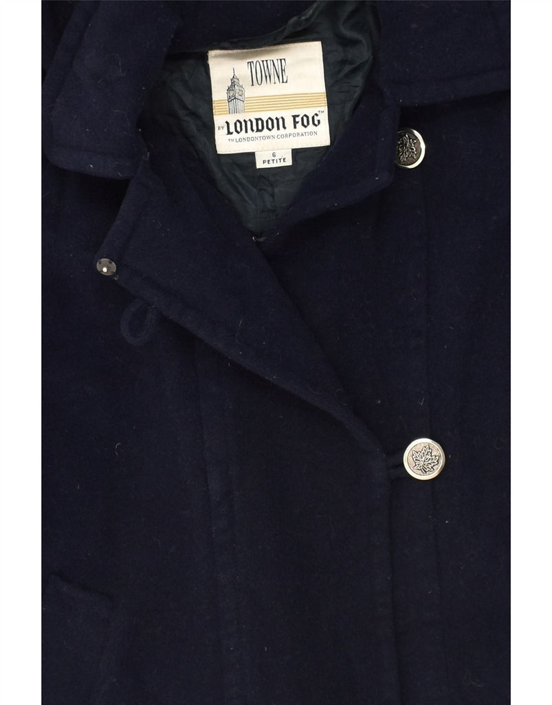 LONDON FOG Womens Petite Oversized Hooded Overcoat UK 6 XS Navy Blue Wool | Vintage London Fog | Thrift | Second-Hand London Fog | Used Clothing | Messina Hembry 