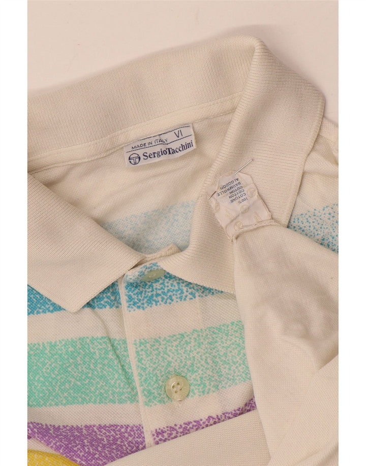 Sergio Tacchini Mens Polo Shirt Medium White Striped Cotton