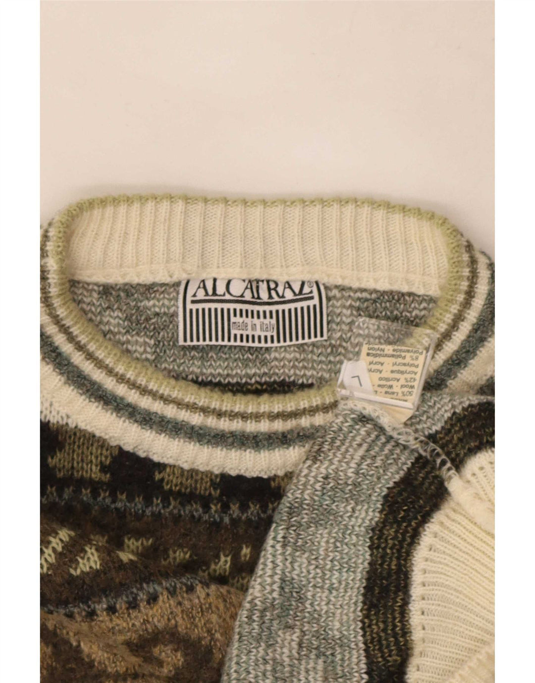 Alcatraz Mens Crew Neck Jumper Sweater Large Khaki Fair Isle Wool