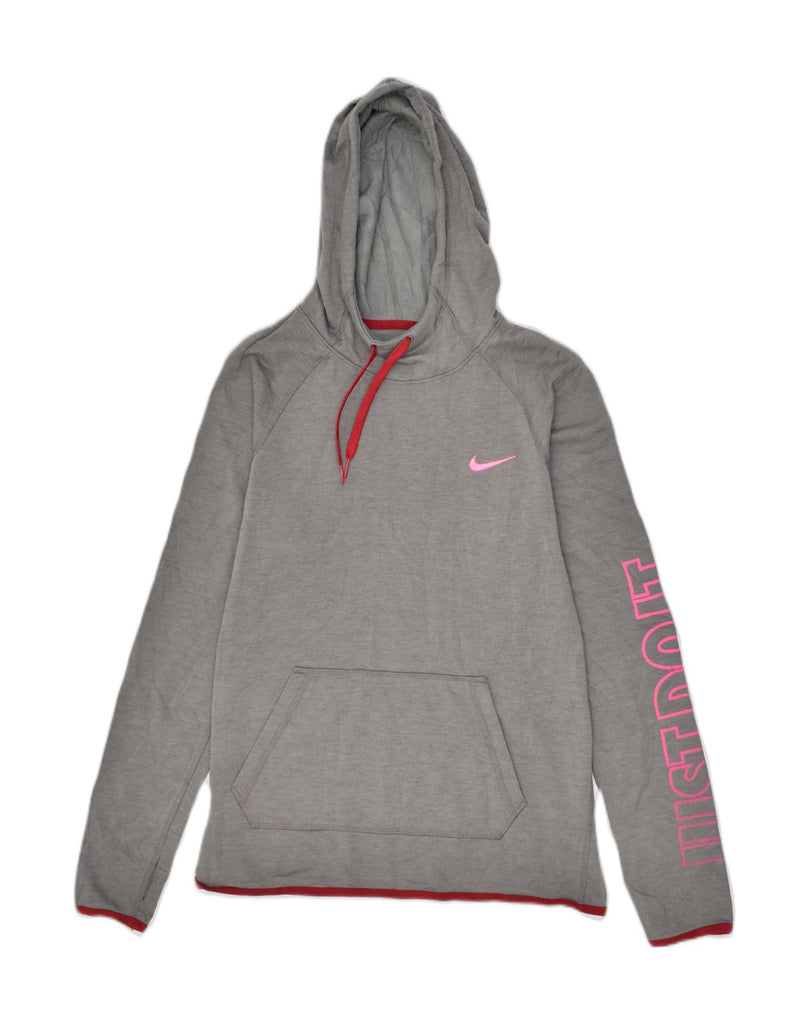 NIKE Womens Dri Fit Graphic Hoodie Jumper UK 10 Small Grey Polyester | Vintage Nike | Thrift | Second-Hand Nike | Used Clothing | Messina Hembry 