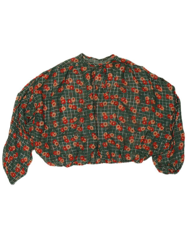 Vintage Womens Oversized Crop Blouse Top UK 14 Medium Green Floral