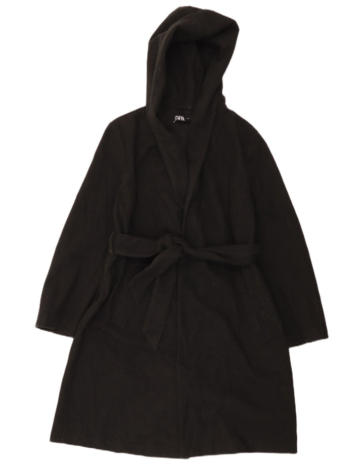 ZARA Womens Hooded Overcoat UK 16 Large Black Polyester