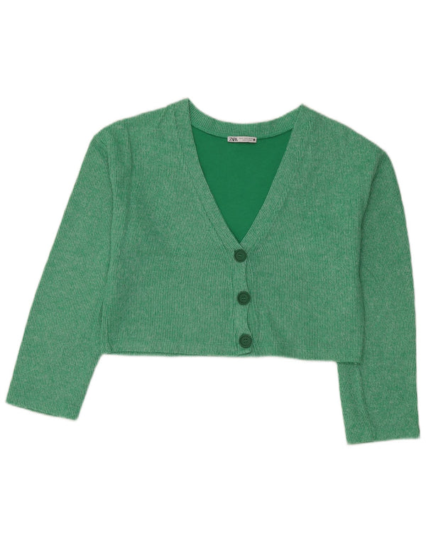 Zara Womens Oversized Crop Cardigan Sweater UK 10 Small Green Cotton