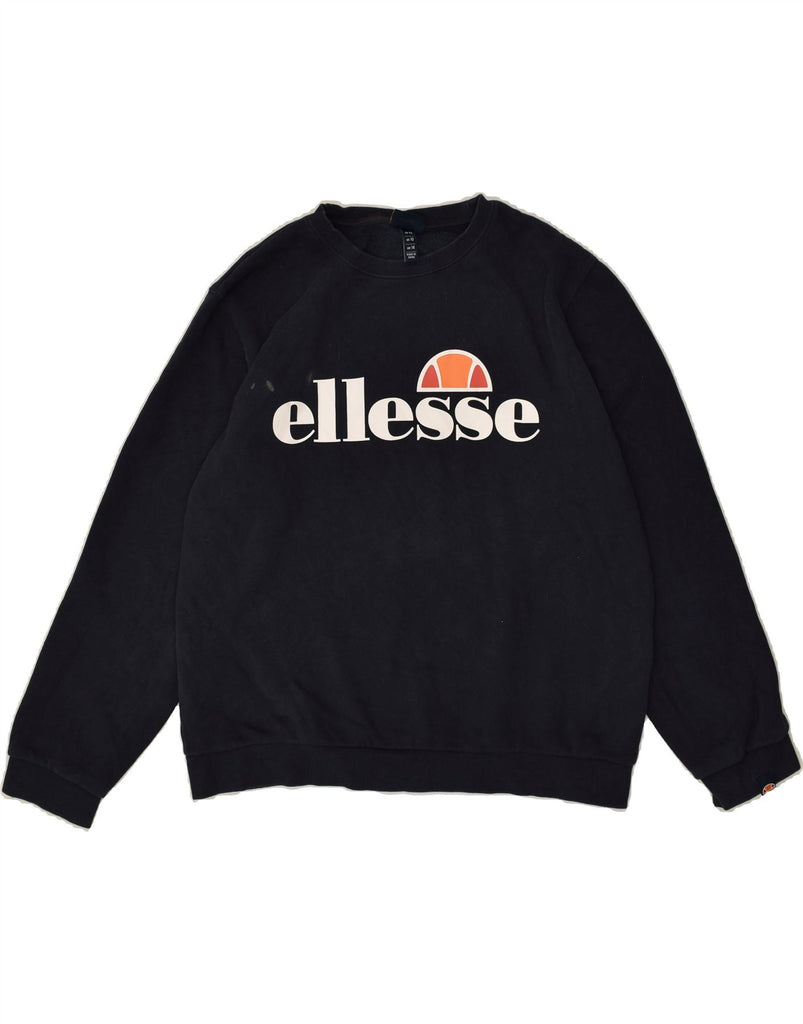 ELLESSE Womens Loose Fit Graphic Sweatshirt Jumper UK 14 Large  Navy Blue | Vintage Ellesse | Thrift | Second-Hand Ellesse | Used Clothing | Messina Hembry 