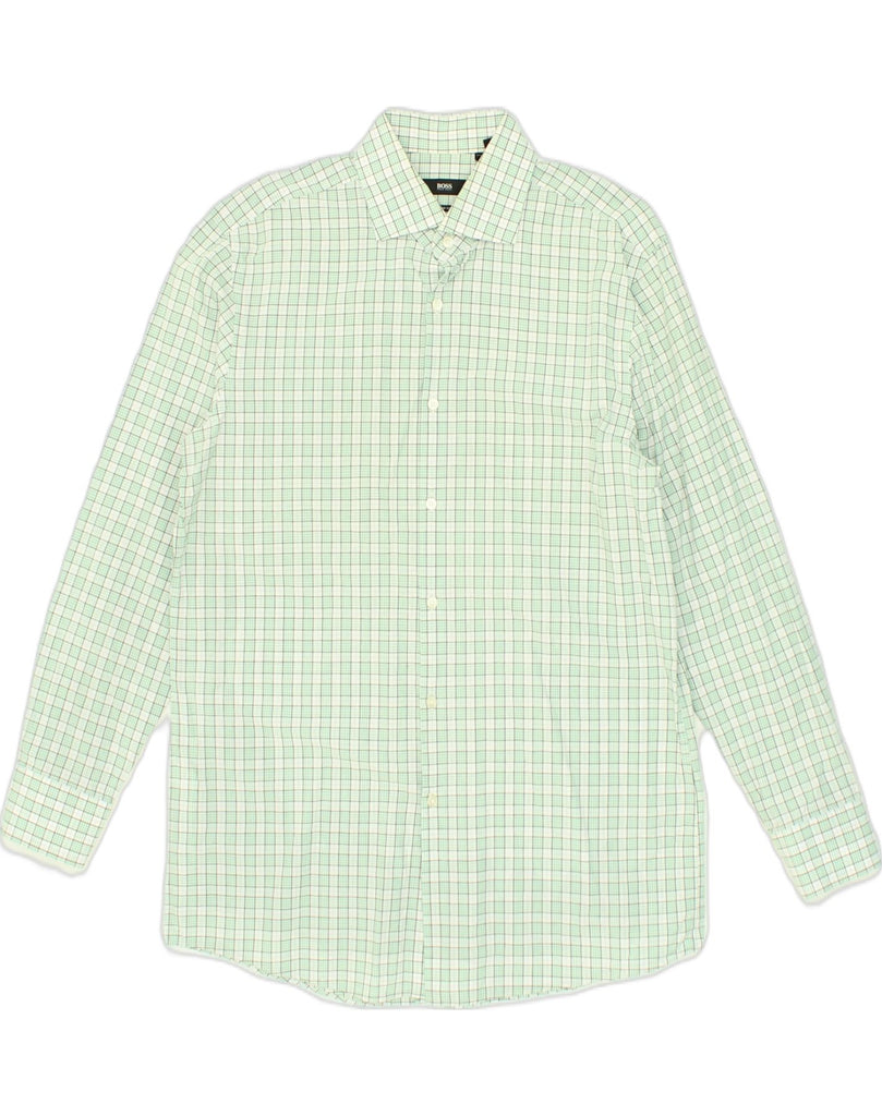 HUGO BOSS Mens Sharp Fit Shirt Size 16 1/2 Large Green Check Cotton | Vintage Hugo Boss | Thrift | Second-Hand Hugo Boss | Used Clothing | Messina Hembry 