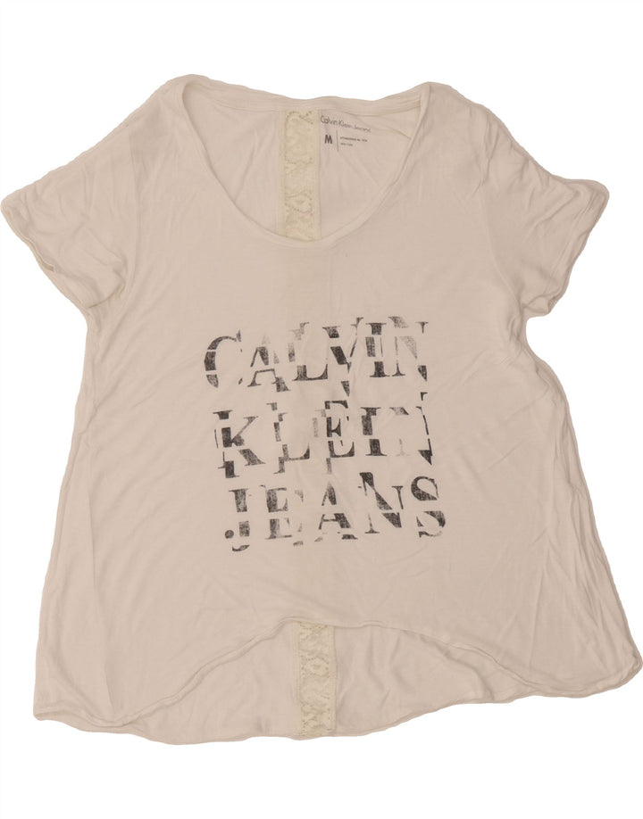 CALVIN KLEIN JEANS Womens Graphic T-Shirt Top UK 14 Medium White Vintage Calvin Klein Jeans and Second-Hand Calvin Klein Jeans from Messina Hembry 