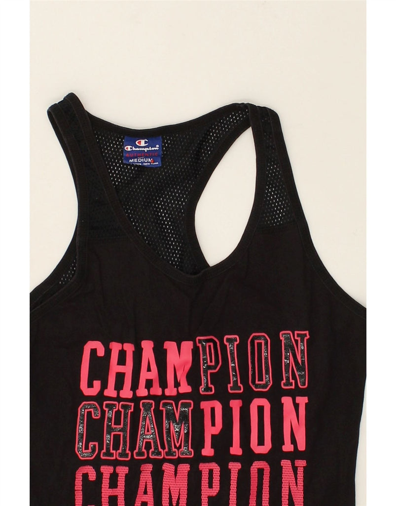 CHAMPION Womens Graphic Vest Top UK 14 Medium Black Cotton | Vintage Champion | Thrift | Second-Hand Champion | Used Clothing | Messina Hembry 