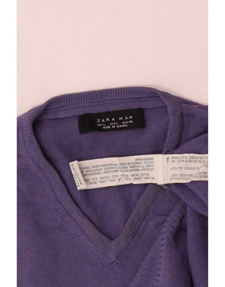 Zara Mens V-Neck Jumper Sweater Large Purple Wool