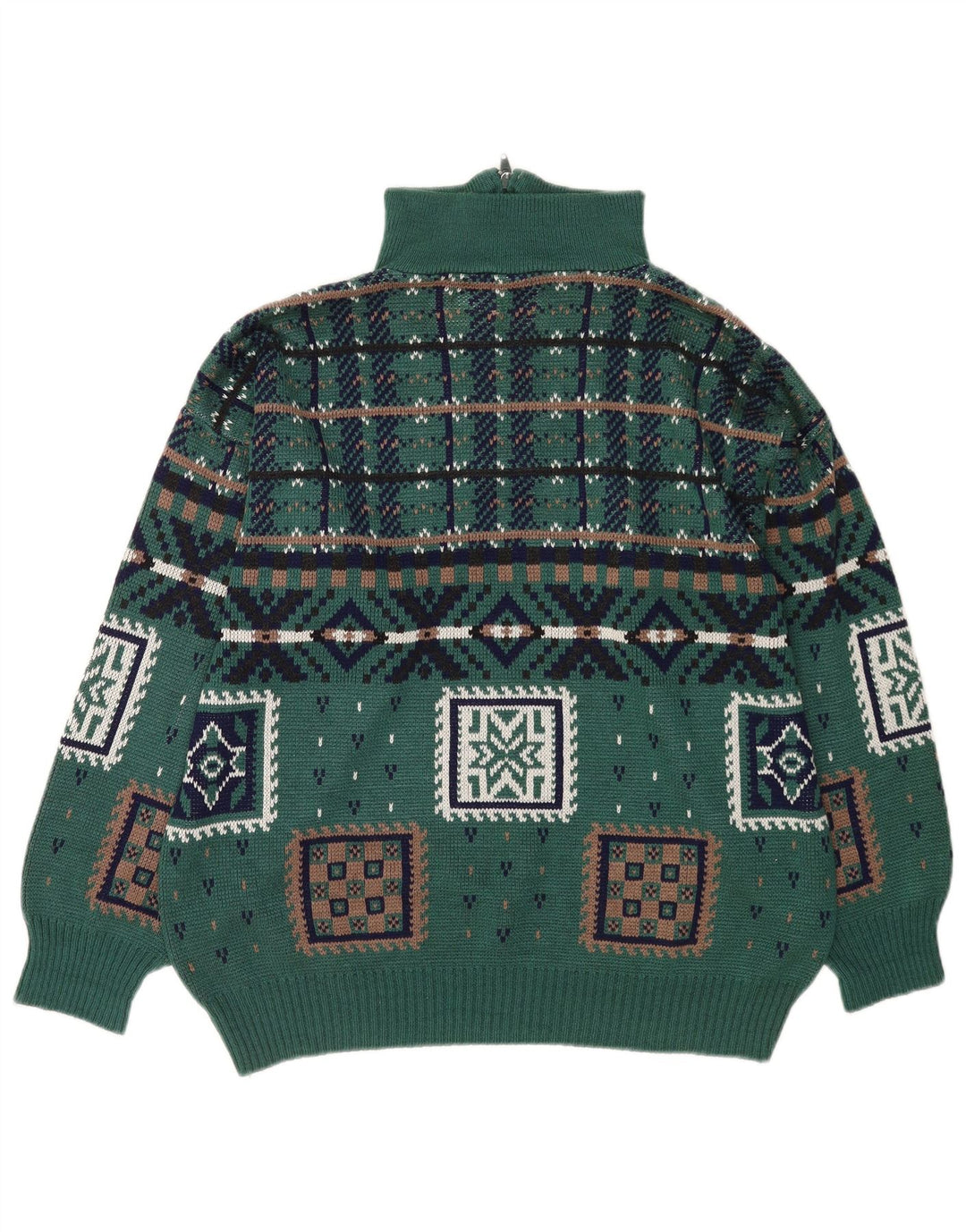 Vintage Mens Zip Neck Jumper Sweater Large Green Geometric Polyacrylic