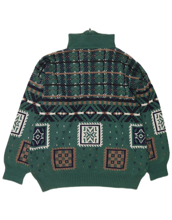 Vintage Mens Zip Neck Jumper Sweater Large Green Geometric Polyacrylic