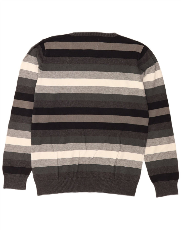 Jack & Jones Mens V-Neck Jumper Sweater Large Grey Striped