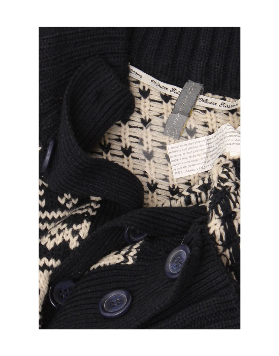 VINTAGE Mens Cardigan Sweater 2XL Navy Blue Fair Isle Acrylic