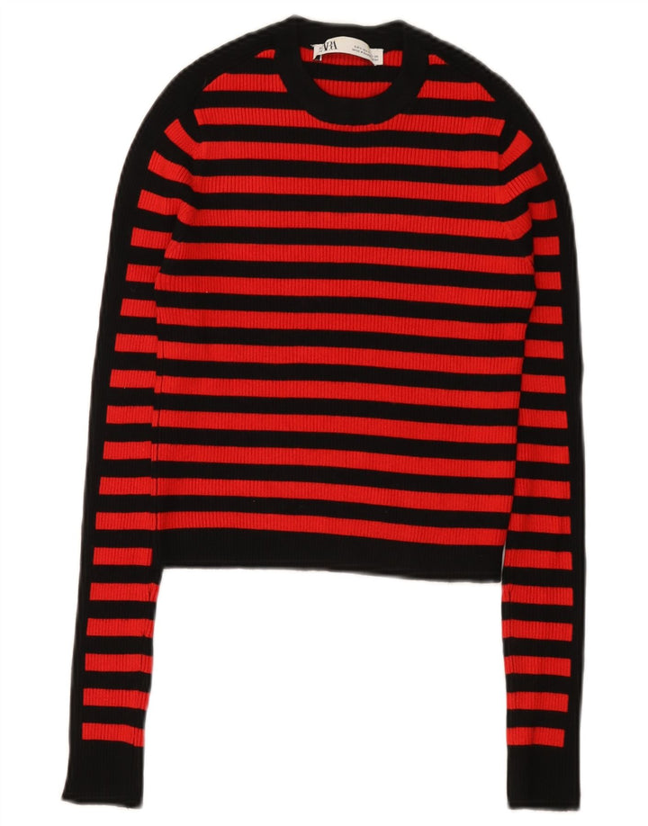 Zara Womens Crop Top Long Sleeve UK 8 Small Red Striped Viscose