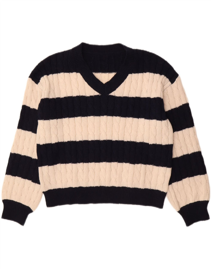 SHEIN Womens V-Neck Jumper Sweater UK 14 Medium Navy Blue Striped Vintage Shein and Second-Hand Shein from Messina Hembry 