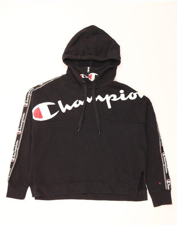 Champion Womens Graphic Oversized Hoodie Jumper UK 14 Medium Black Cotton