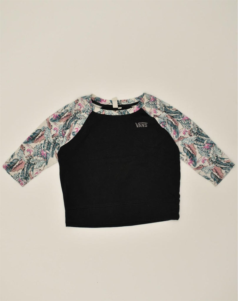 VANS Womens Loose Fit Crop Top 3/4 Sleeve UK 8 Small Black Floral Cotton | Vintage Vans | Thrift | Second-Hand Vans | Used Clothing | Messina Hembry 