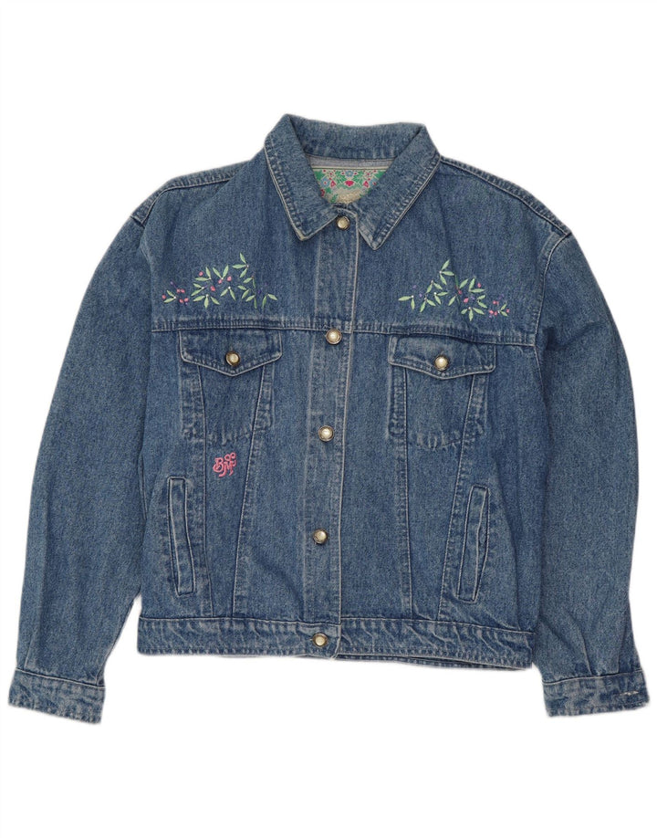 VINTAGE Womens Graphic Crop Denim Jacket UK 14 Large Blue
