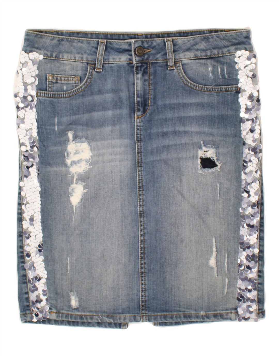LIU JO Womens Graphic Distressed Denim Skirt W29 Medium Blue Striped | Vintage Liu Jo | Thrift | Second-Hand Liu Jo | Used Clothing | Messina Hembry 