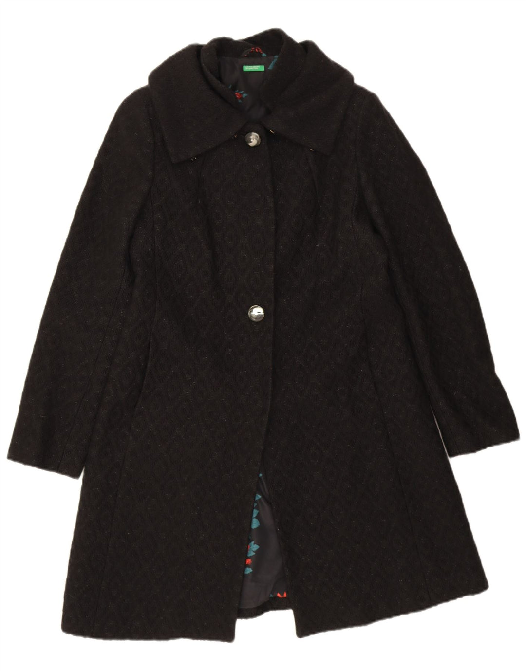 Benetton Womens Overcoat IT 44 Medium Black Argyle/Diamond