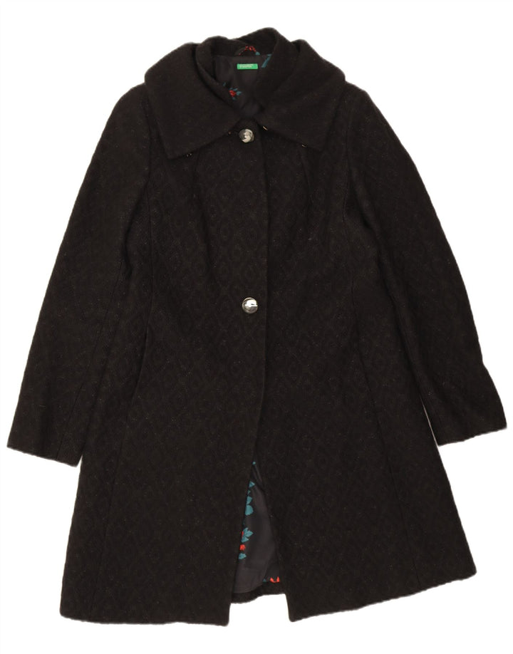 Benetton Womens Overcoat IT 44 Medium Black Argyle/Diamond