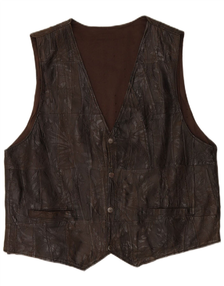 VINTAGE Mens Leather Waistcoat 2XL Brown Patchwork
