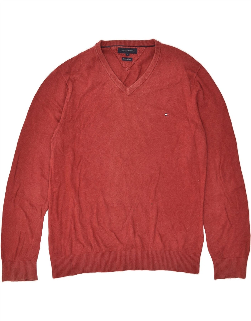 TOMMY HILFIGER Mens V-Neck Jumper Sweater Large Red Cotton | Vintage Tommy Hilfiger | Thrift | Second-Hand Tommy Hilfiger | Used Clothing | Messina Hembry 