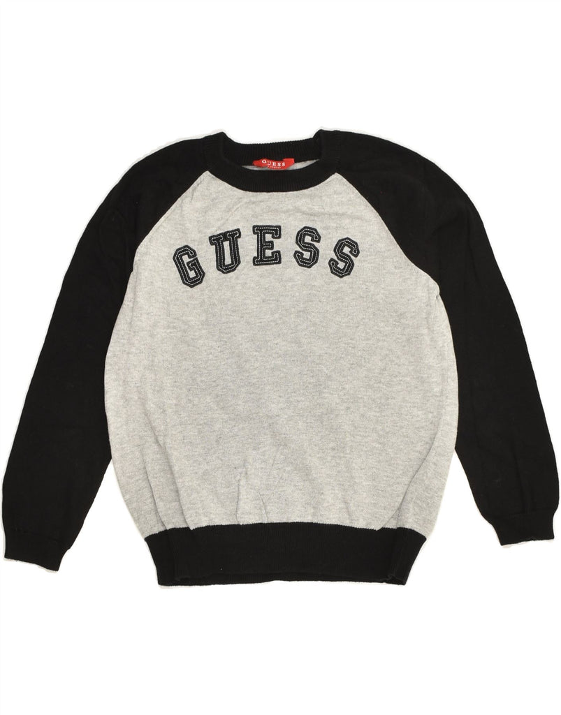 GUESS Boys Graphic Crew Neck Jumper Sweater 9-10 Years Grey Colourblock | Vintage Guess | Thrift | Second-Hand Guess | Used Clothing | Messina Hembry 