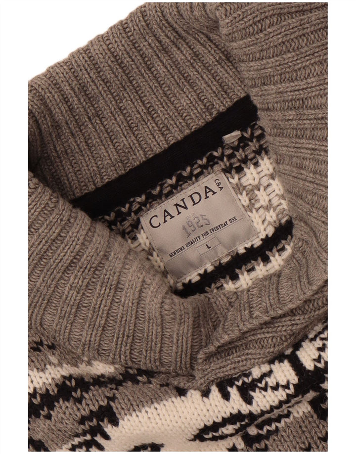 Canda Mens Shawl Neck Jumper Sweater Large Grey Fair Isle