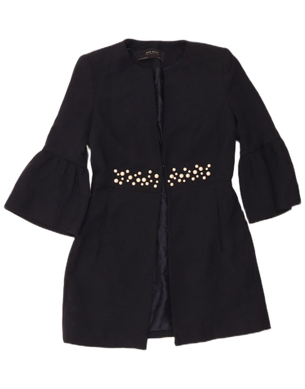 Zara Womens Longline 3/4 Sleeve Blazer Jacket UK 6 XS Navy Blue Polyester