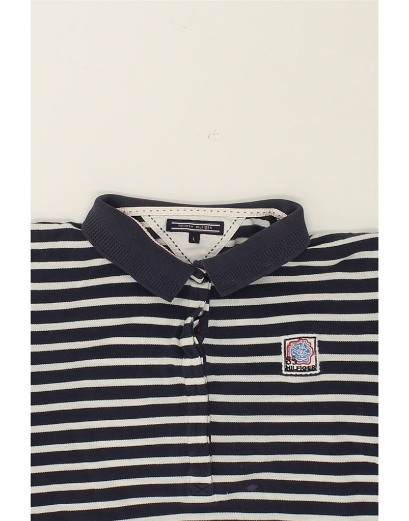 TOMMY HILFIGER Womens Polo Shirt UK 16 Large Navy Blue Striped Cotton | Vintage Tommy Hilfiger | Thrift | Second-Hand Tommy Hilfiger | Used Clothing | Messina Hembry 